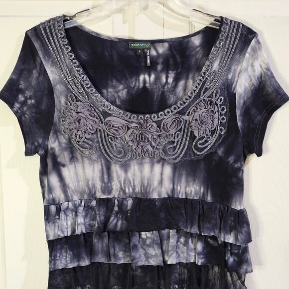 Tricotto Dress Womens L Boho Festival Romantic Tie-Dye Ruffle Embroidery Black - Picture 3 of 9